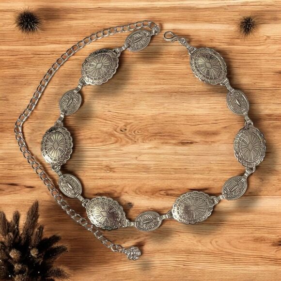 Vintage Silver Aztec Adjustable Metal Conch Chain Belt NEW - Picture 1 of 4